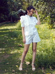 Women White Schiffli Puff Sleeves Shirt With Paperwaist Shorts