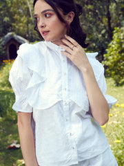 Women White Schiffli Puff Sleeves Shirt With Paperwaist Shorts