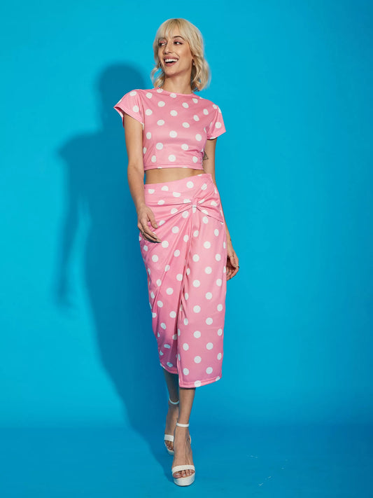 Women Pink Polka Dot Crop Top With Twisted Midi Skirt