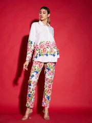 Women White Floral Oversized Shirt With Tapered Pants