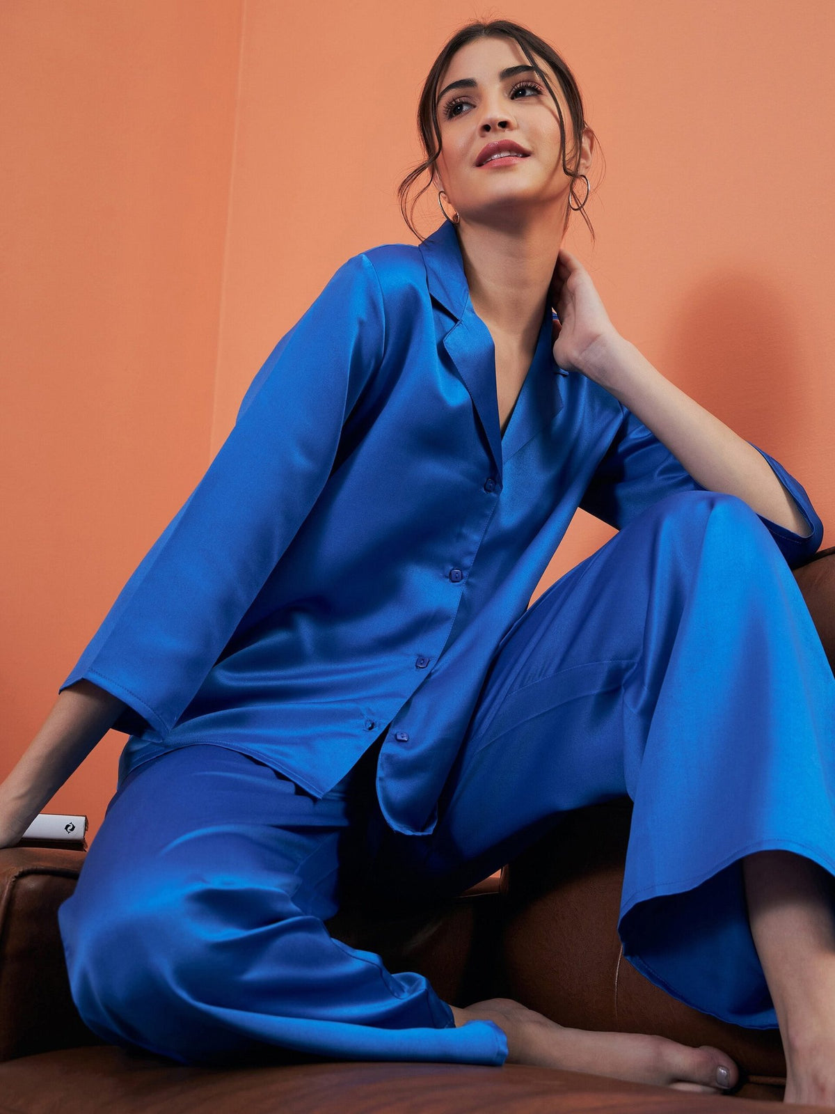 Women Cobalt Blue Satin Notch Collar Shirt With Lounge Pants