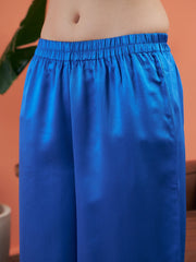 Women Cobalt Blue Satin Notch Collar Shirt With Lounge Pants