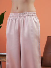 Women Pink Satin Notch Collar Shirt With Lounge Pants