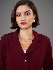 Women Burgundy Notch Collar Crop Blazer With Pleated Pants