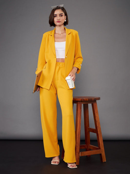 Women Mustard Front Button Blazer With Straight Pants