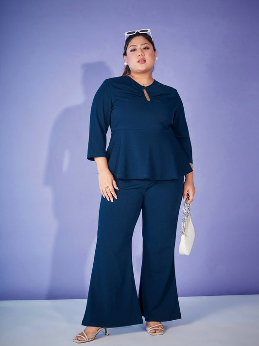 Women Blue Keyhole Top With Bell Bottom Pants