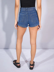 Women Blue Denim Wash Faded Shorts