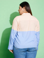 Women Peach & Blue ColourBlock Shirt