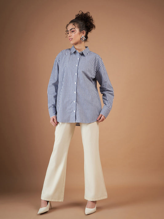 Women Navy & White Yarn Dyed Check Oversized Shirt