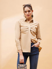 Women Beige Pleated Detail Shirt