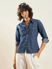 Women Blue Tencel Regular Fit Shirt