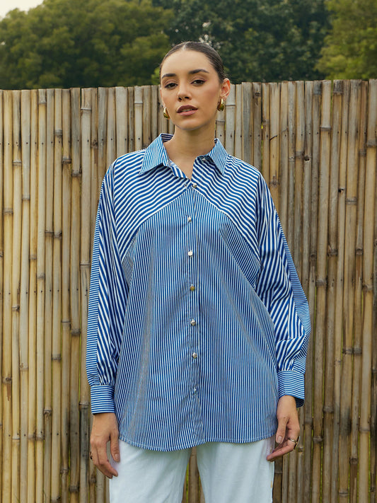 Women Blue & White Stripe Oversized Shirt