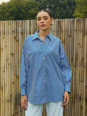 Women Blue & White Stripe Oversized Shirt