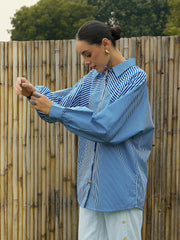 Women Blue & White Stripe Oversized Shirt