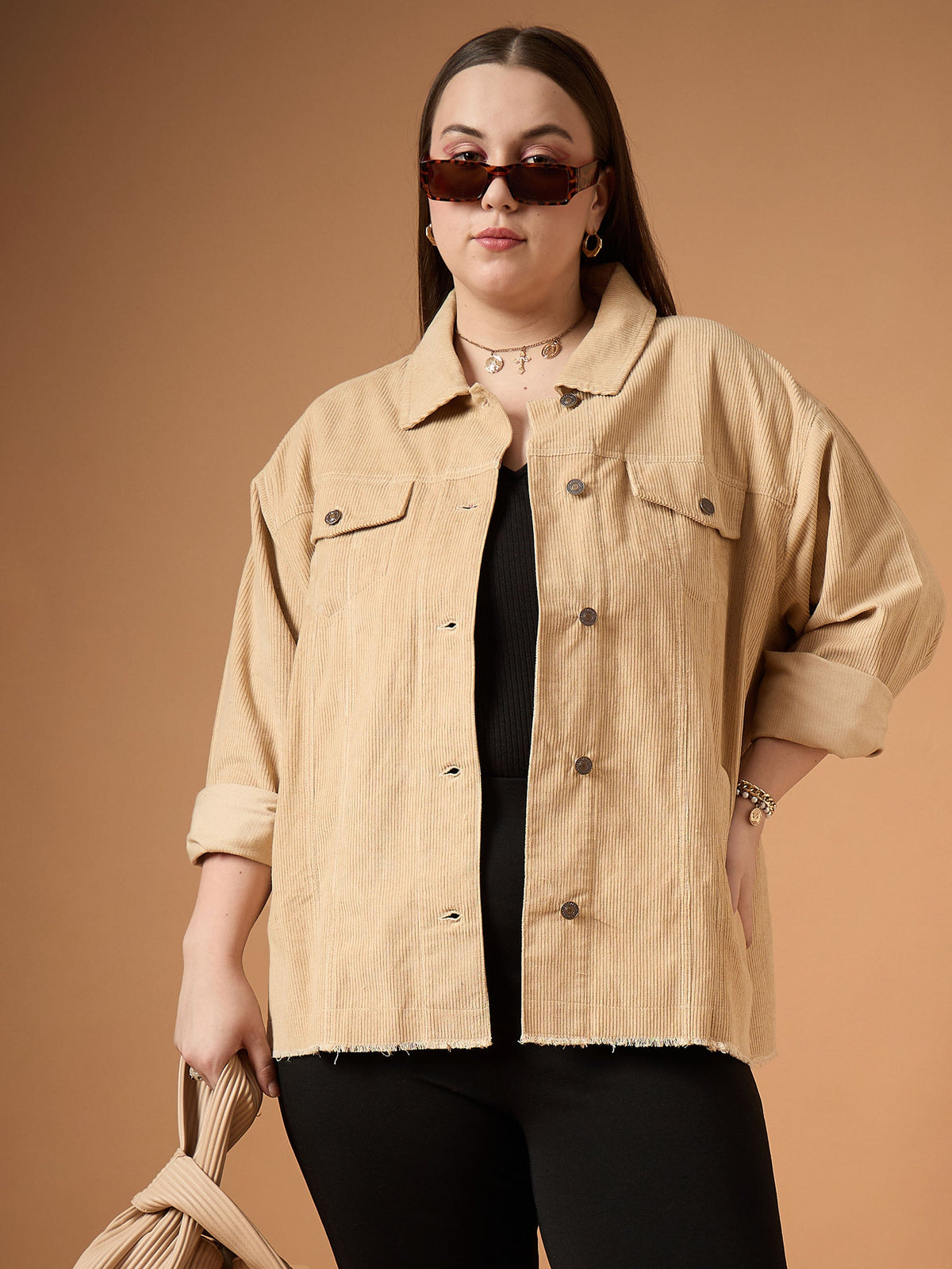 Women Beige Corduroy Front Button Shacket