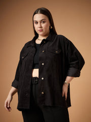 Women Black Corduroy Front Button Shacket