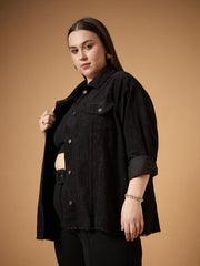 Women Black Corduroy Front Button Shacket