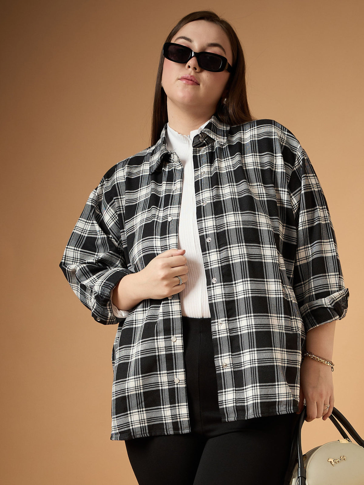 Women Black & White Flannel Check Front Button Shacket