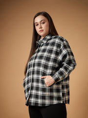 Women Black & White Flannel Check Front Button Shacket