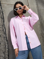 Women Pink & White Stripes Gold Buttons Oversized Shirt