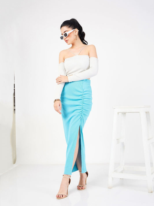 Women Turquoise Rib Front Ruched Midi Skirt