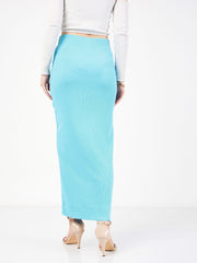 Women Turquoise Rib Front Ruched Midi Skirt