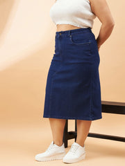 Women Navy Denim Acid Wash A-Line Skirt