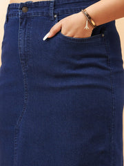 Women Navy Denim Acid Wash A-Line Skirt