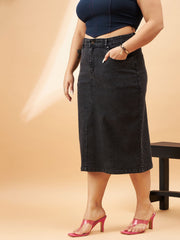 Women Black Denim Acid Wash A-Line Skirt