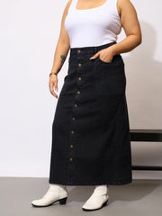 Women Black Denim Acid Wash Front Button Skirt