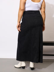 Women Black Denim Acid Wash Front Button Skirt