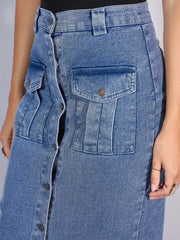 Women Blue Washed Denim Front Button Midi Skirt