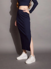 Women Navy Rib Pencil Skirt