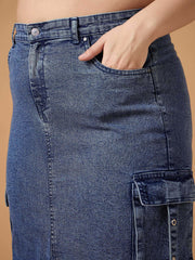 Women Blue Blast Denim Side Pocket Skirt