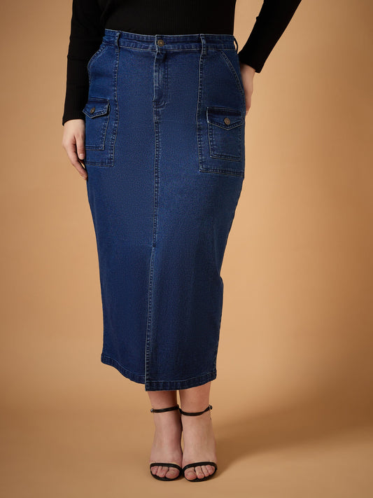 Women Navy Denim Wash Front Slit Skirt