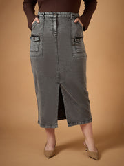 Women Black Denim Wash Front Slit Skirt