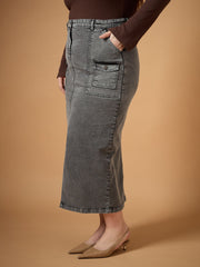 Women Black Denim Wash Front Slit Skirt