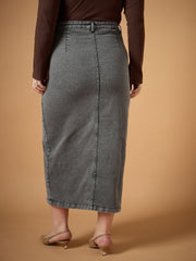 Women Black Denim Wash Front Slit Skirt