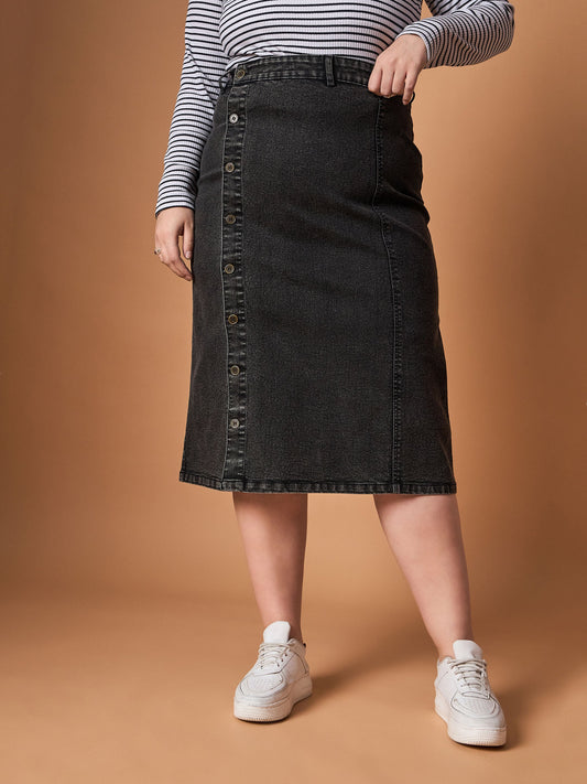 Women Black Acid Wash Denim Side Button Midi Skirt