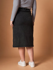 Women Black Acid Wash Denim Side Button Midi Skirt