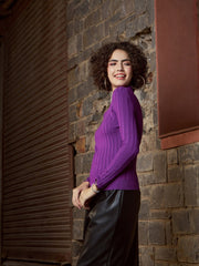 Women Purple Rib Full Sleeves High Neck Sweater