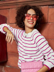 Women Pink & White Striped Full Sleeves Sweater