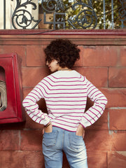 Women Pink & White Striped Full Sleeves Sweater