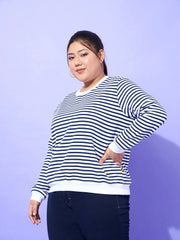 Women Navy & White Striped Full Sleeves Sweater