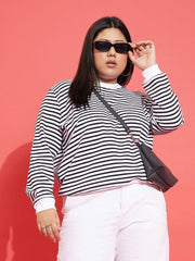 Women Black & White Striped Full Sleeves Sweater