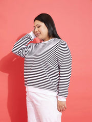 Women Black & White Striped Full Sleeves Sweater