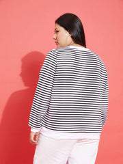 Women Black & White Striped Full Sleeves Sweater