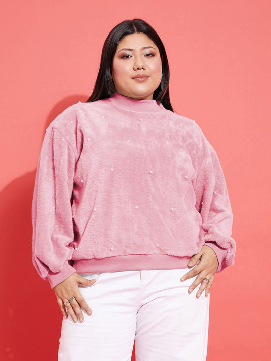 Women Pink Fleece Fur Pearl Detail Sweatshirt