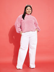 Women Pink Fleece Fur Pearl Detail Sweatshirt