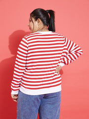 Women Red & White Fleece Striped Sweatshirt